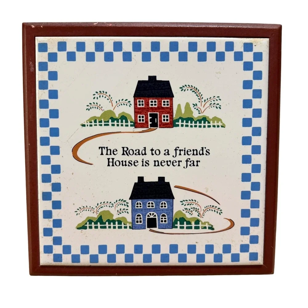 Vintage Folk Art Ceramic Tile Wall Plaque Friend Quote Wood Frame 6.5